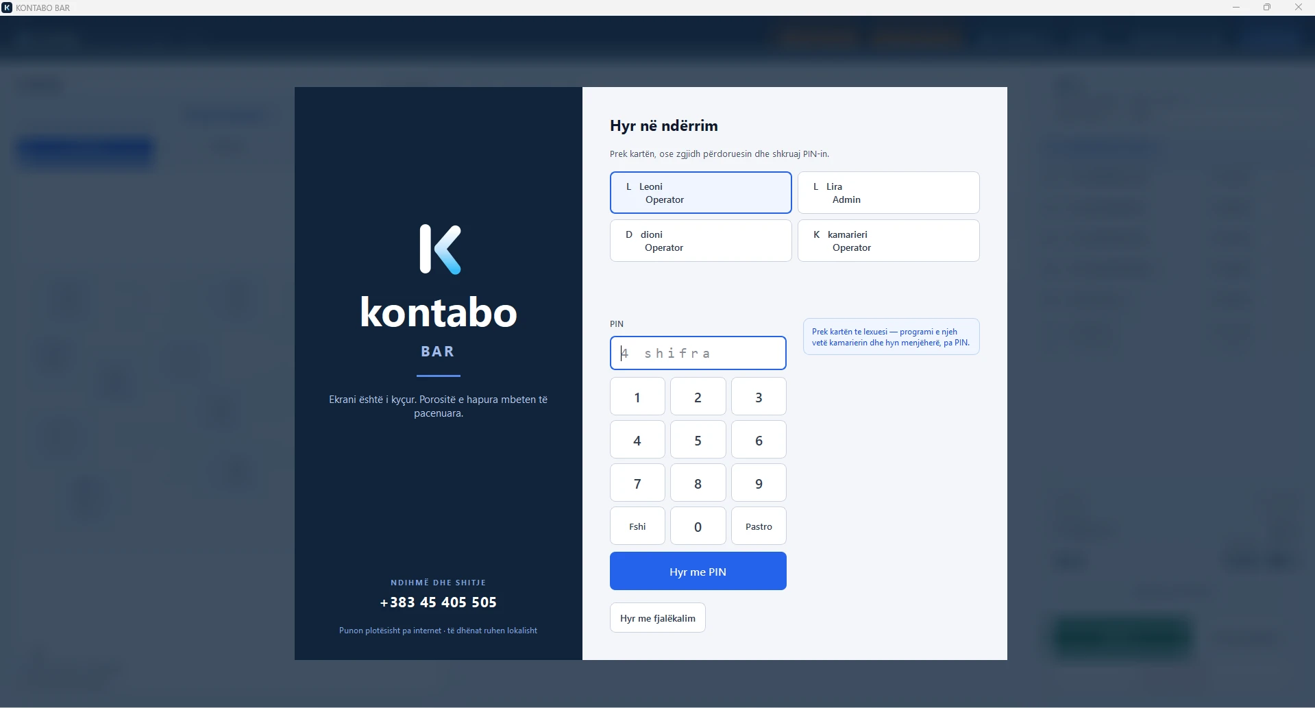 Kontabo Bar: hyrja e stafit me PIN ose kartë