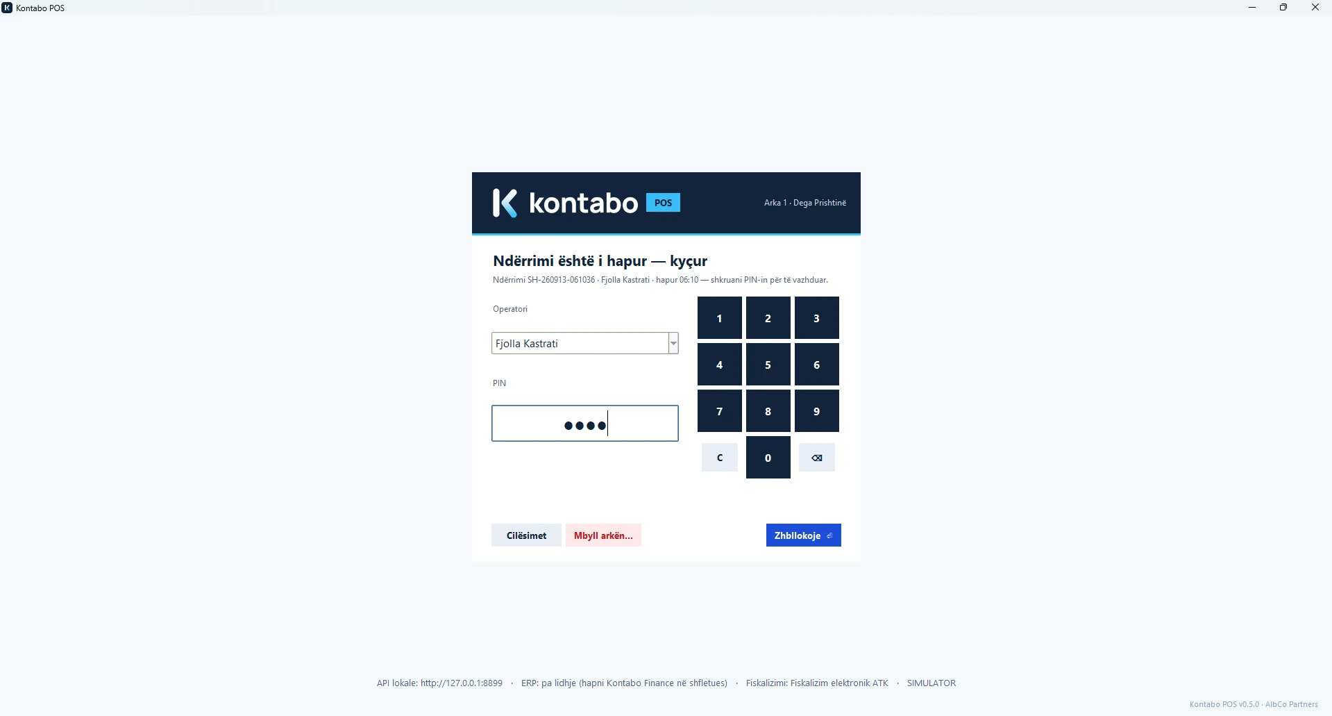 Kontabo POS: hyrja e operatorit me PIN