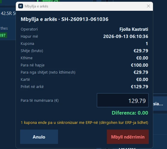 Mbyllja e arkës në Kontabo POS